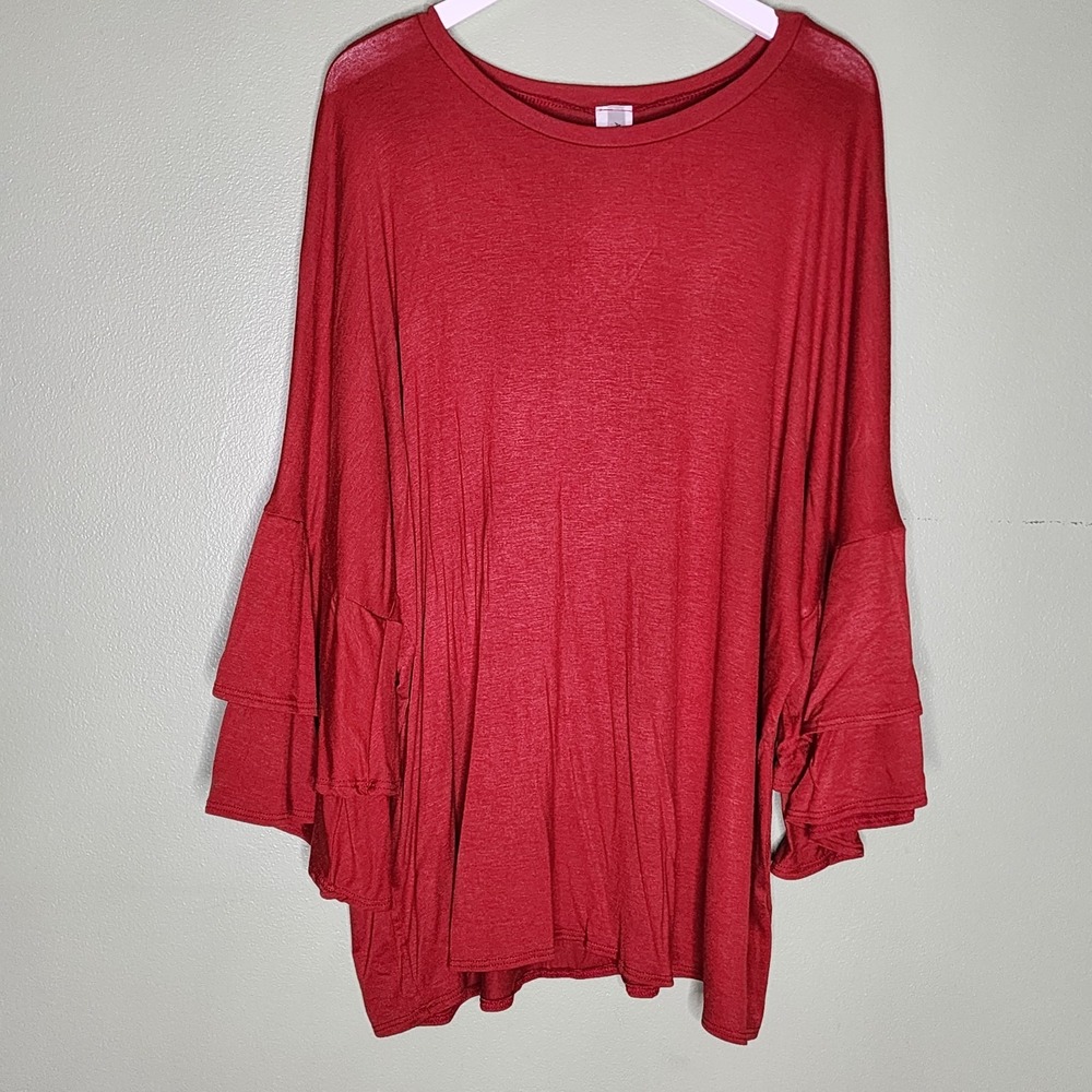 Acting Pro Brick Red Top Bell Sleeve Ruffles Boho Round Neck Casual Pullover XL - Picture 7 of 7